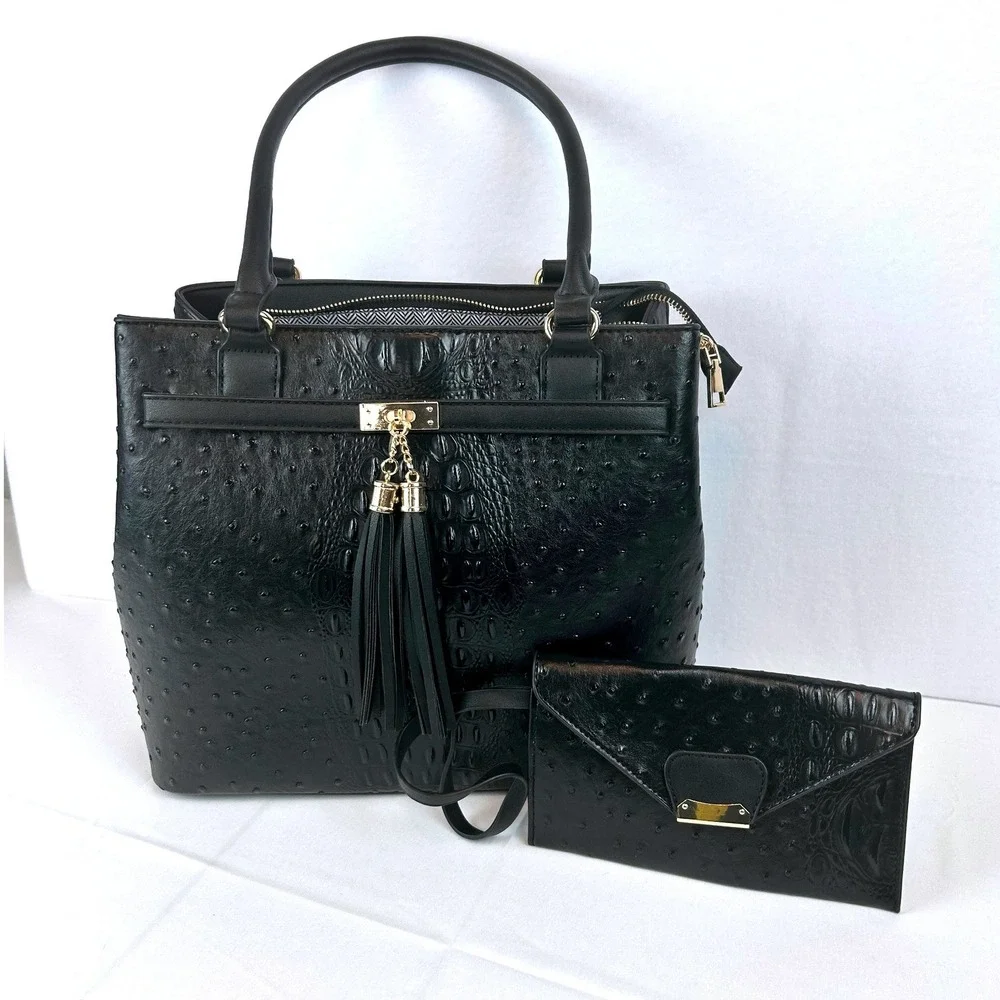 Black faux Ostrich/Croc Embossed Satchel Handbag w/ Tassel &‎ Matching Pouch Set